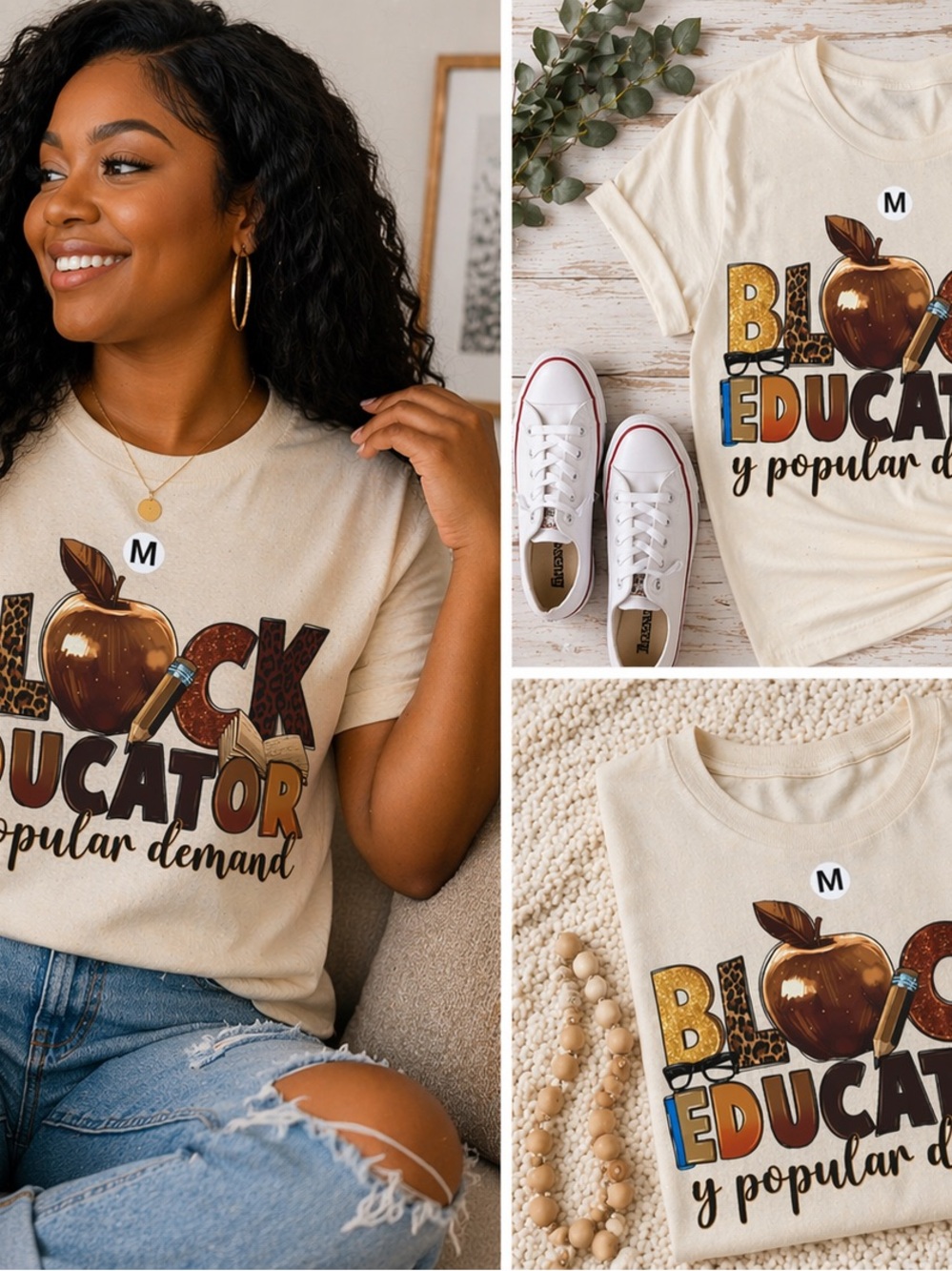 Cream 'Black Educator' Graphic Tee with Apple Design